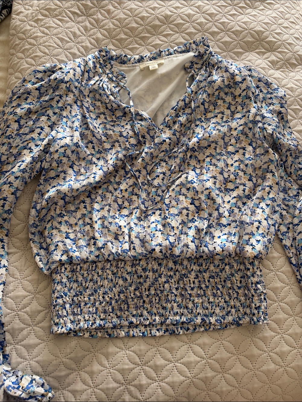Blue Floral Smocked-Hem Women's Blouse with V-Neck Tie